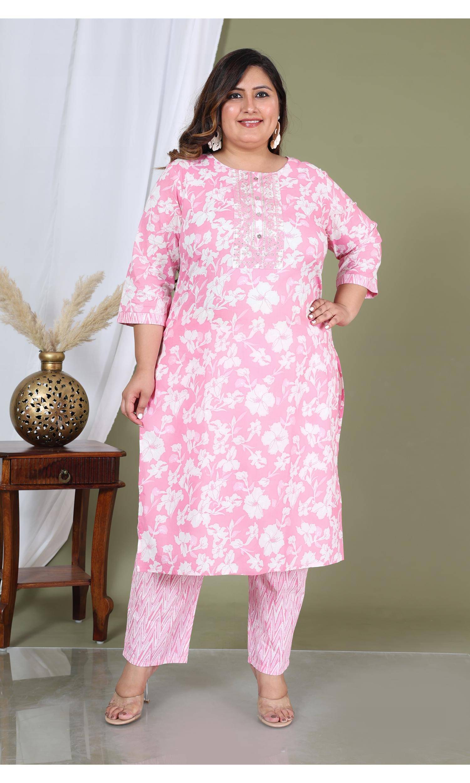 Vashineh Cotton Printed Kurti With Pants Women's Stitched Salwar Suit - Pink ( Pack of 1 ) Vashineh Cotton Printed Kurti With Pants Women's Stitched Salwar Suit - Pink ( Pack of 1 )