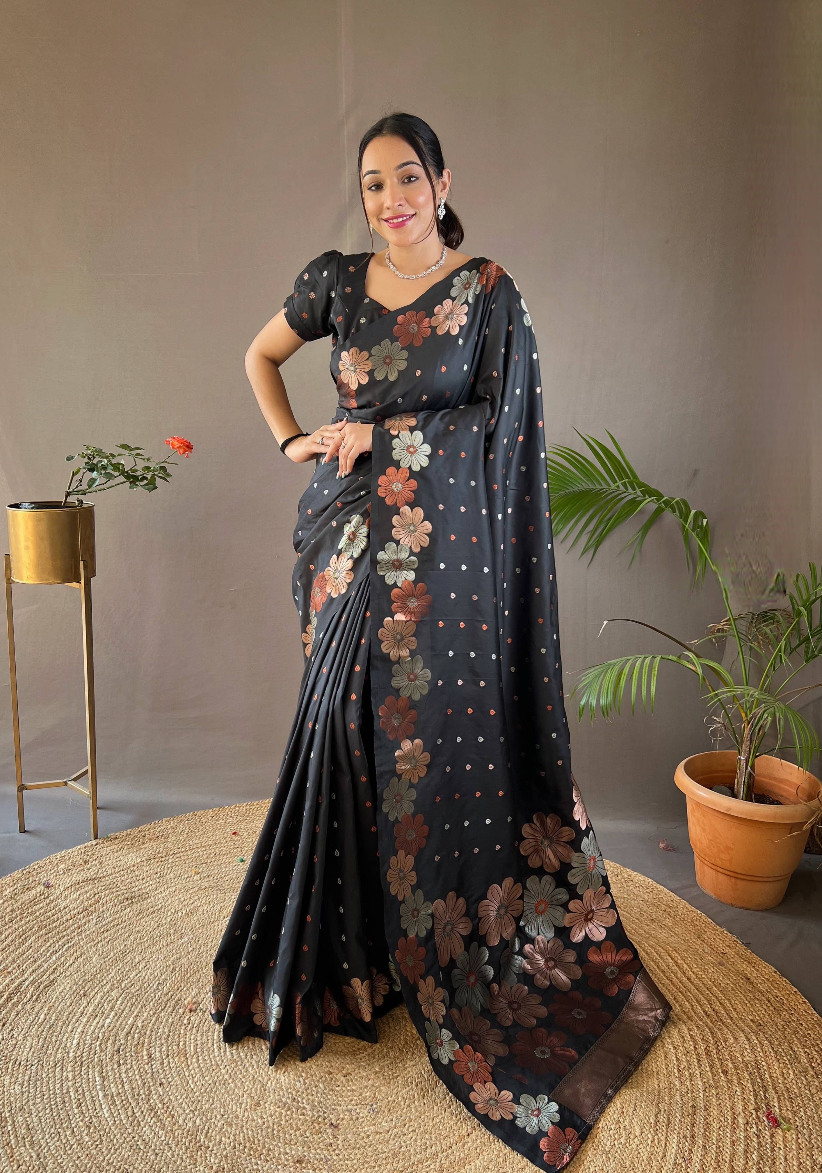 fab woven Art Silk Woven Saree With Unstitched Blouse Piece ( Black )     			fab woven Art Silk Woven Saree With Unstitched Blouse Piece ( Black )