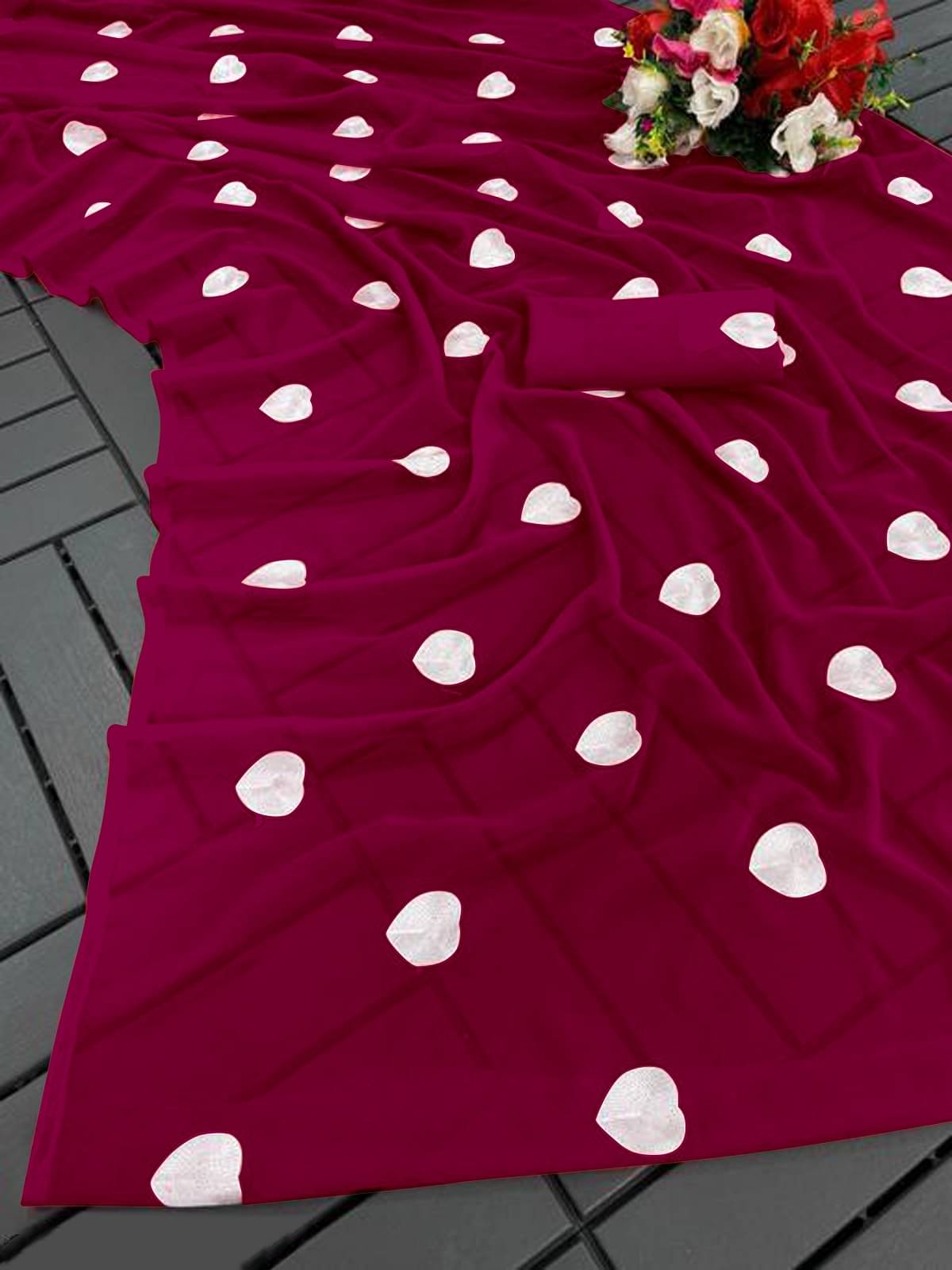 Apnisha Georgette Printed Saree With Unstitched Blouse Piece ( Rani )     			Apnisha Georgette Printed Saree With Unstitched Blouse Piece ( Rani )