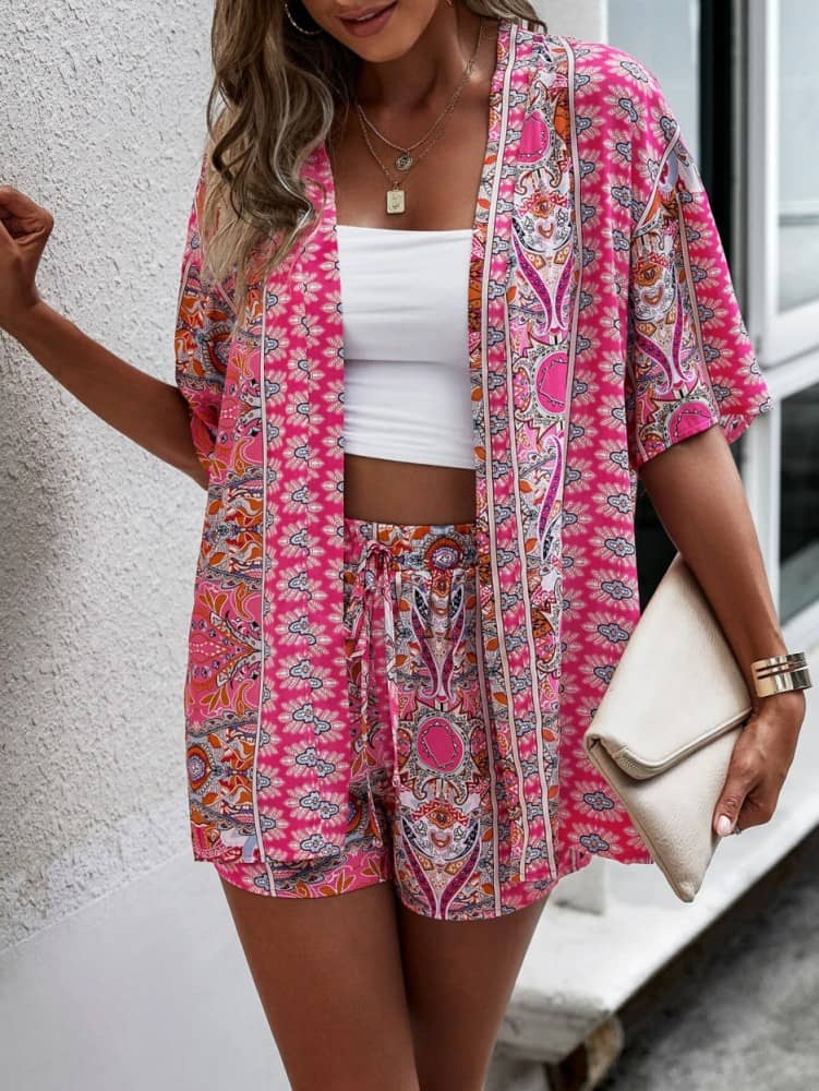 COOL AND CASUAL Women Printed Top With Shorts Co-Ord Set ( Pink )