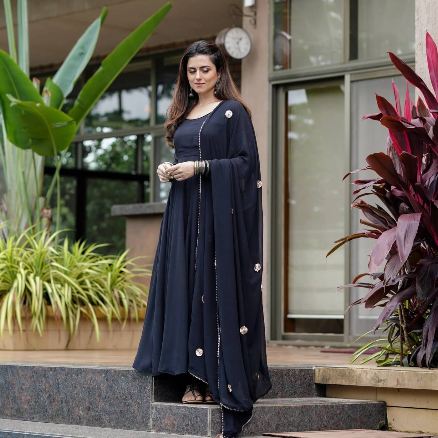 Estela Georgette Solid Kurti With Pants Women's Stitched Salwar Suit - Black ( Pack of 1 ) Estela Georgette Solid Kurti With Pants Women's Stitched Salwar Suit - Black ( Pack of 1 )