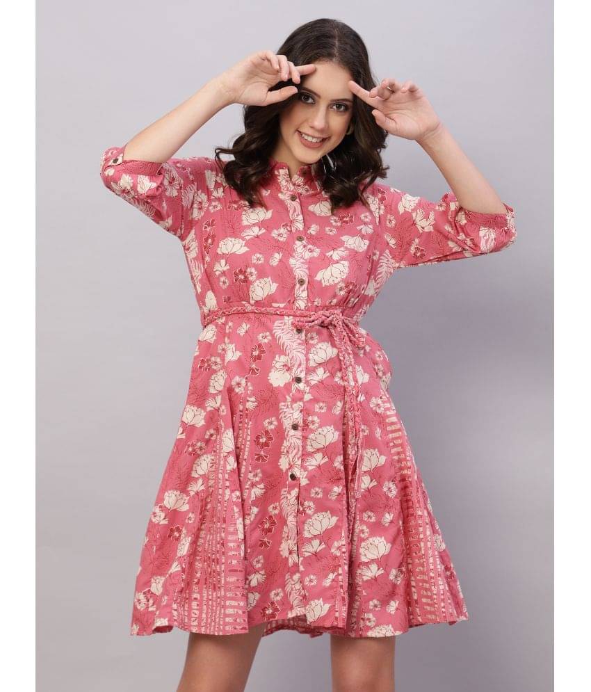     			Flamboyant Women Cotton Printed Shirt Dress ( Pink )