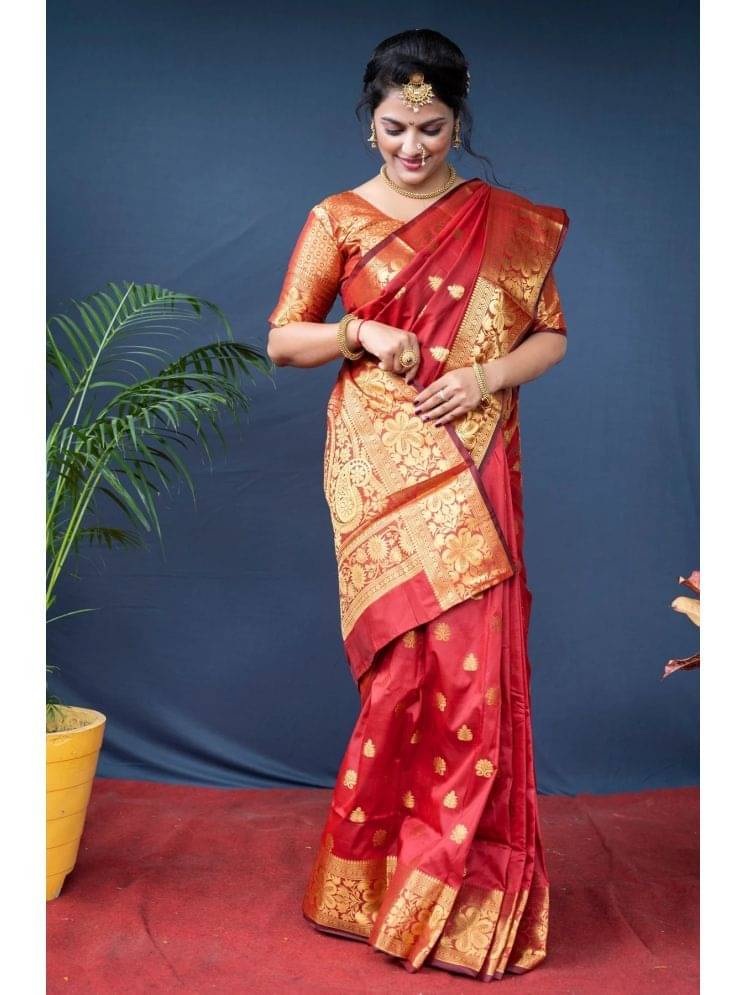 Gazal Fashions Banarasi Silk Woven Saree With Unstitched Blouse Piece ( Red )     			Gazal Fashions Banarasi Silk Woven Saree With Unstitched Blouse Piece ( Red )