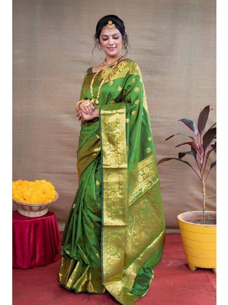 Gazal Fashions Banarasi Silk Woven Saree With Unstitched Blouse Piece ( Rama ) - Sarees | Buy online on ZillyBuy