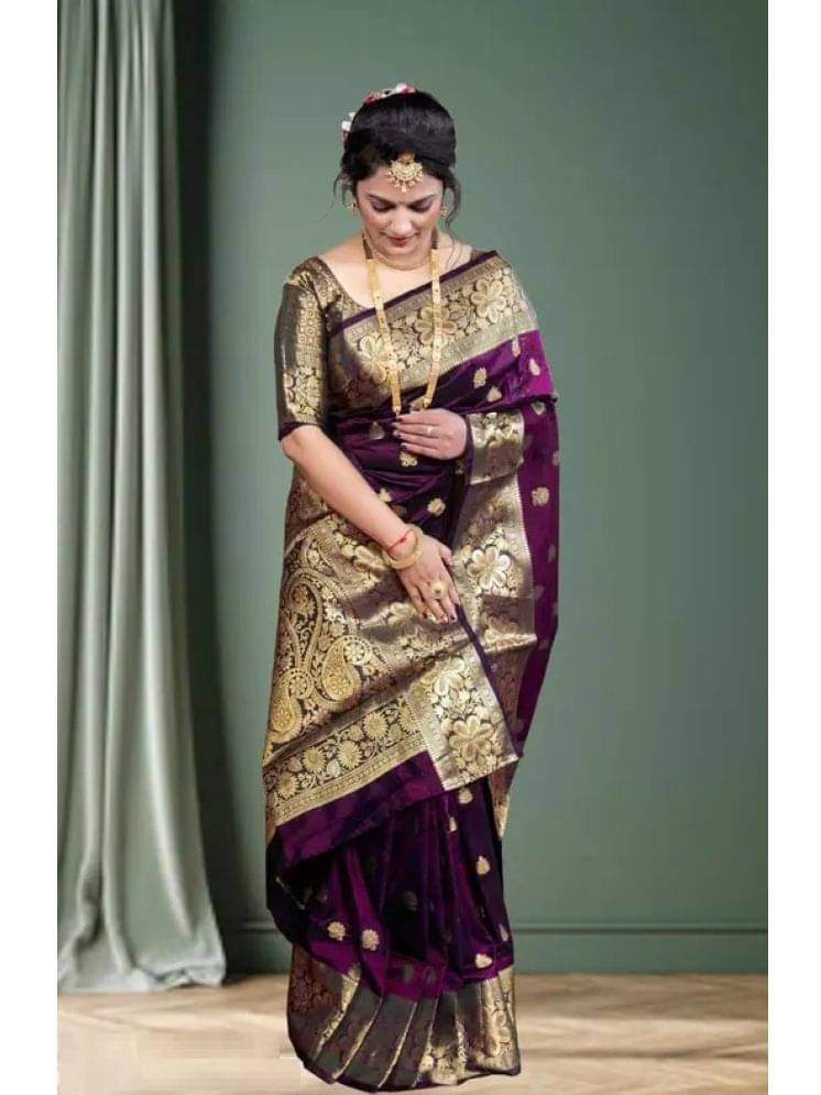     			Gazal Fashions Banarasi Silk Woven Saree With Unstitched Blouse Piece ( Purple )