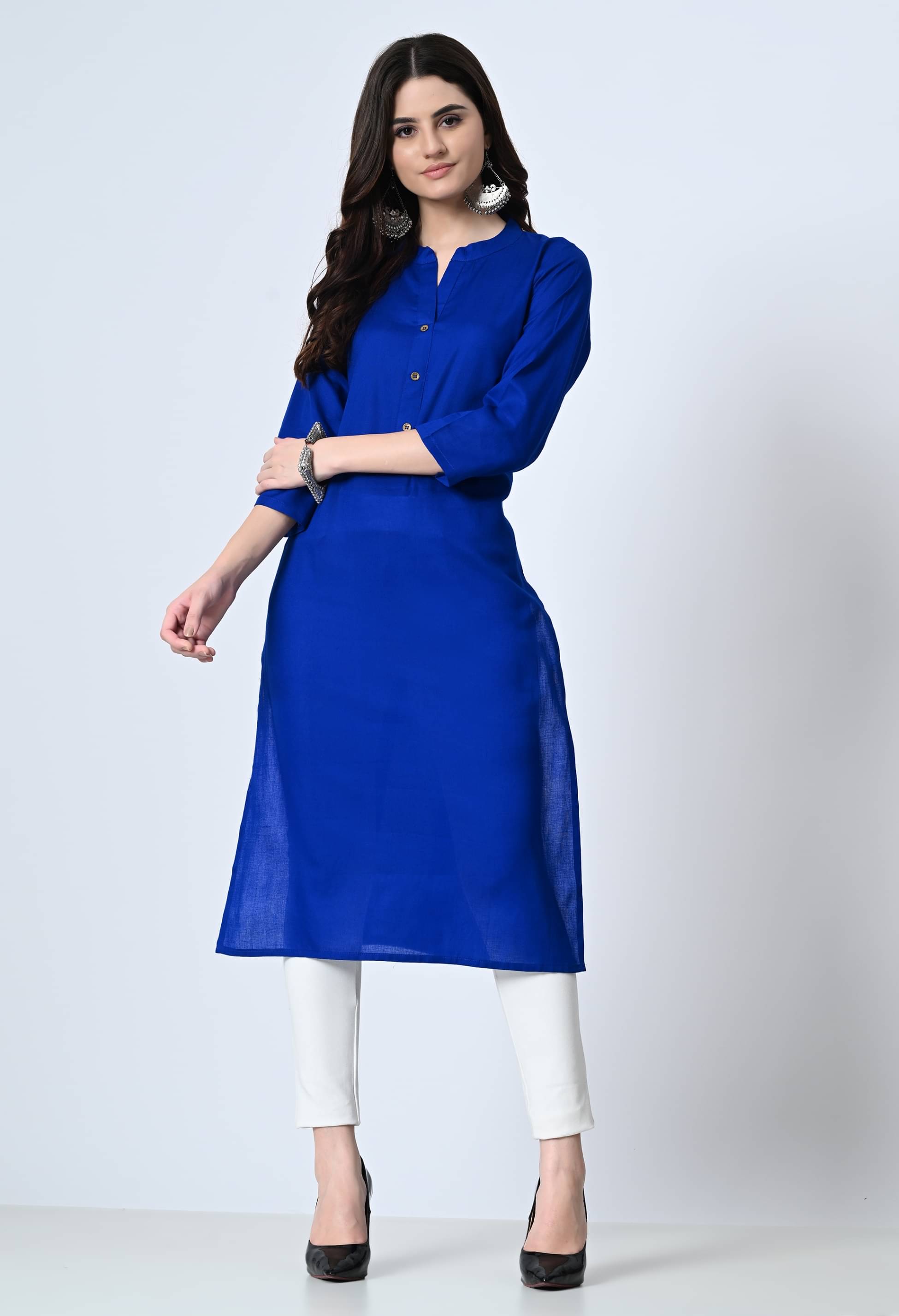 MAURYA Cotton Blend Solid Straight Women's Kurti - Navy Blue ( Pack of 1 ) MAURYA Cotton Blend Solid Straight Women's Kurti - Navy Blue ( Pack of 1 )