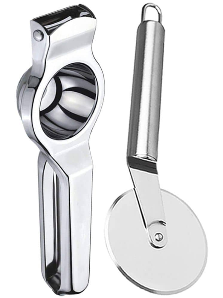 OC9 Silver Stainless Steel Lemon Squeezer+Pizza Cutter ( Set of 2 )
