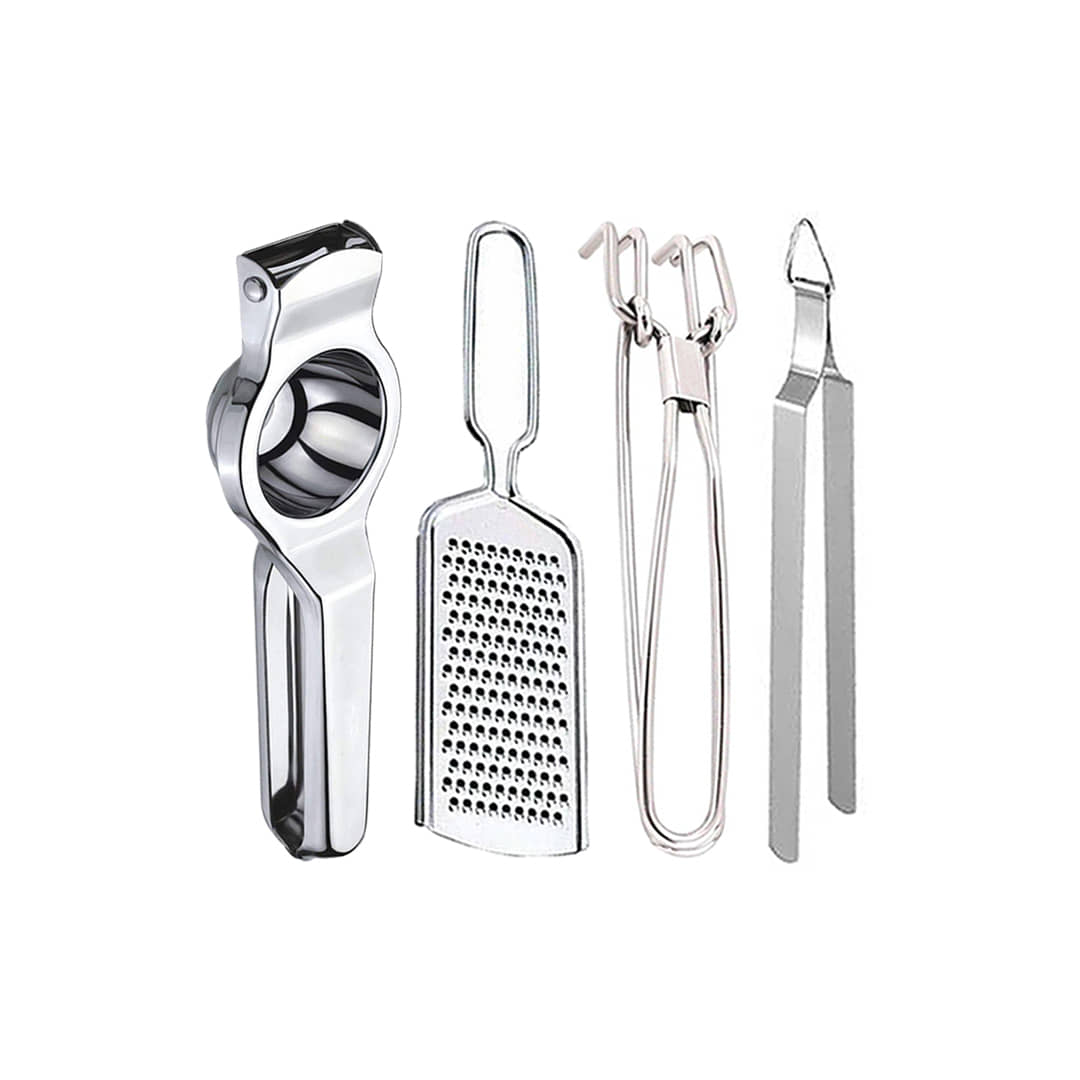OC9 Silver Stainless Steel Lemon+Grater+Pakkad+Chimta ( Set of 4 )