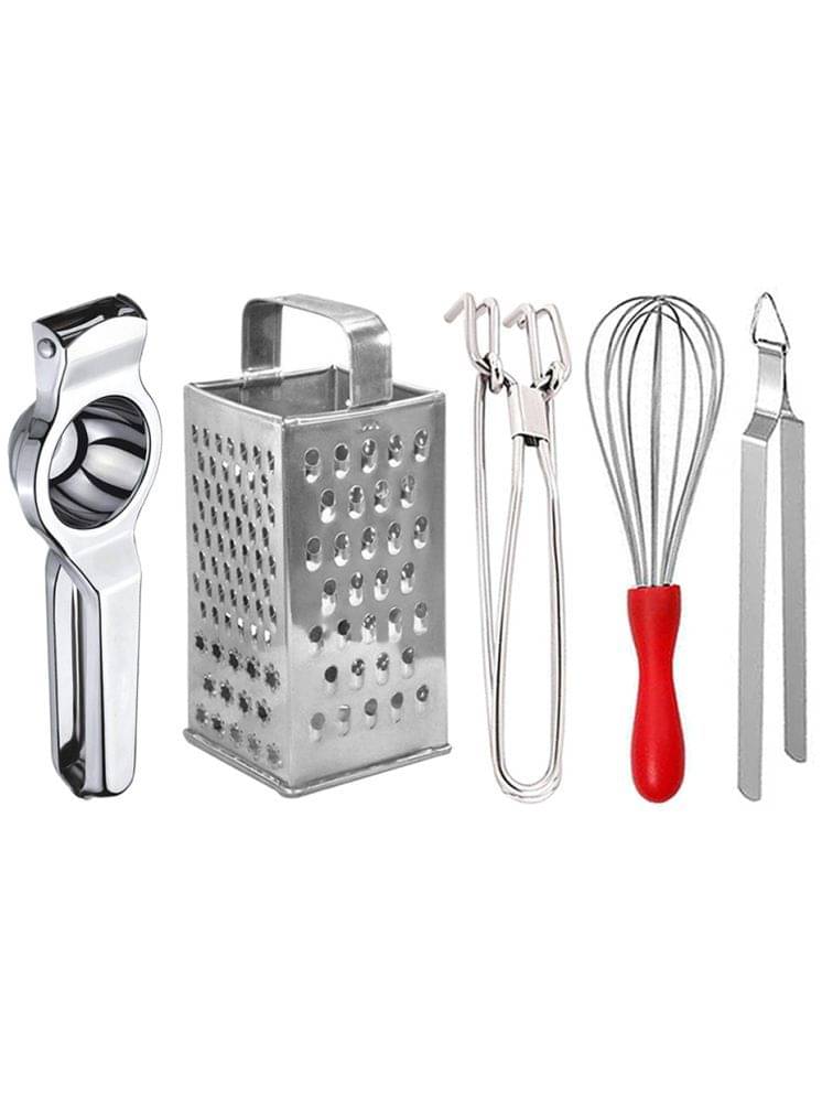     			OC9 Silver Stainless Steel Lemon+Grater+Pakkad+Whisk+Chimta ( Set of 5 )