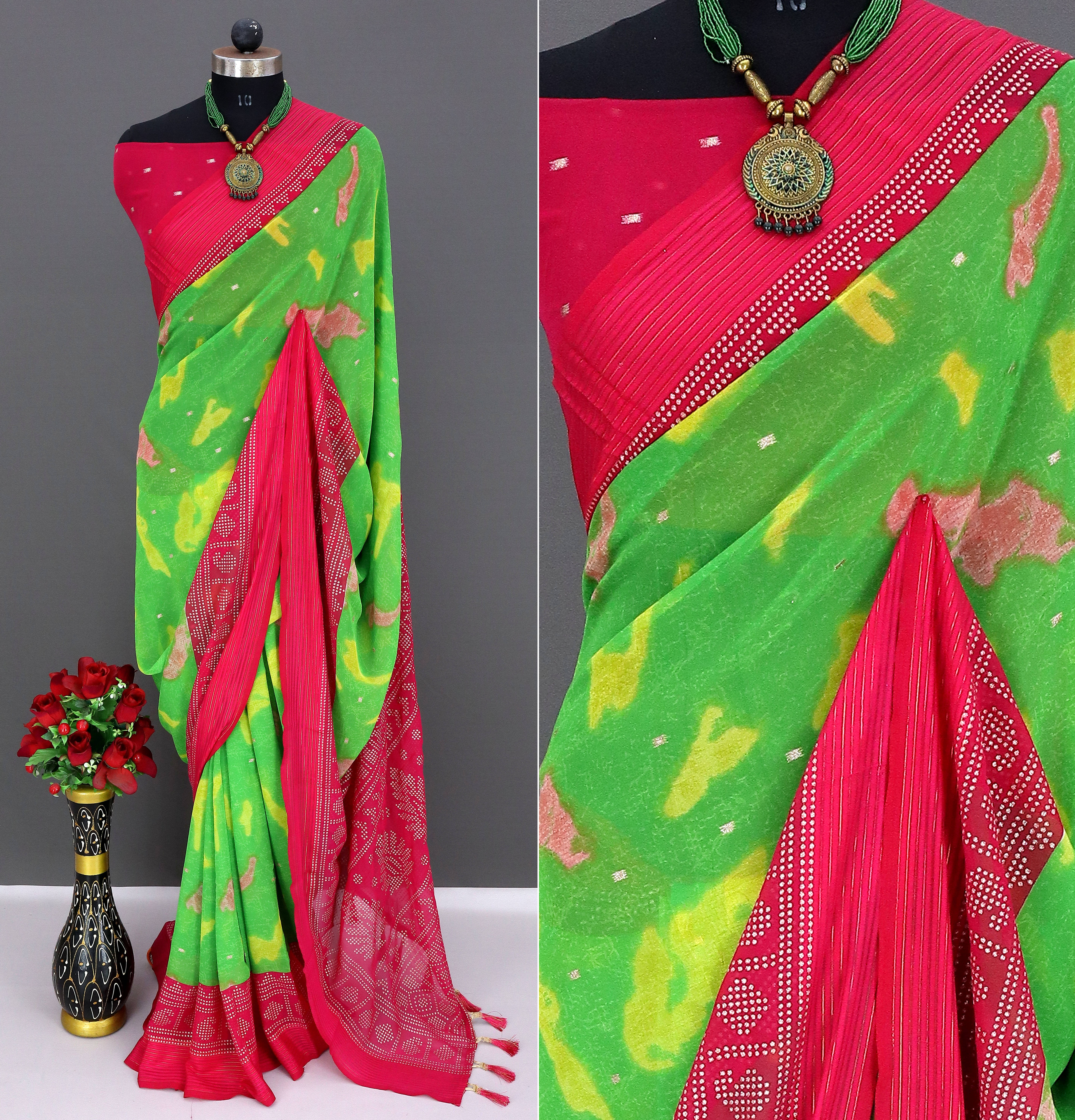     			Rekha Maniyar Chiffon Printed Saree With Unstitched Blouse Piece ( Green )