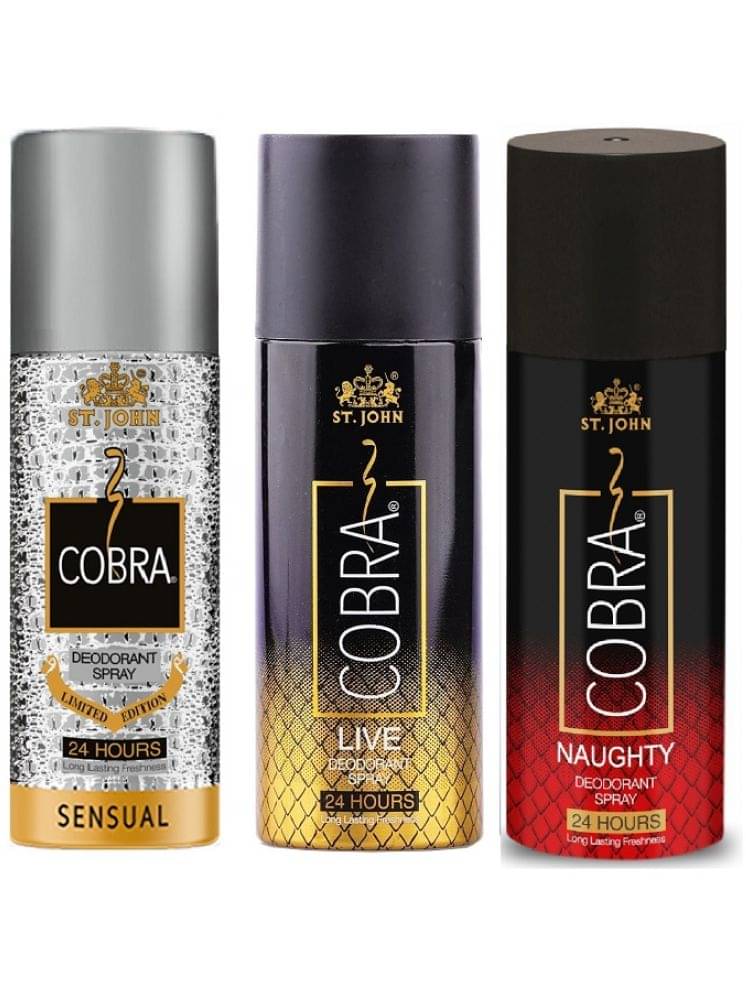 St. John Cobra Sensual ,Live & Naughty 150ml Each Deodorant Spray for Men 150 ml ( Pack of 3 ) St. John Cobra Sensual ,Live & Naughty 150ml Each Deodorant Spray for Men 150 ml ( Pack of 3 )