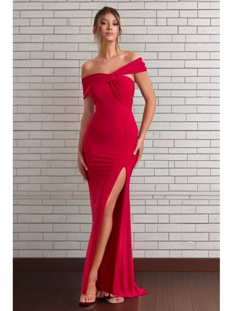     			Traquila Women Lycra Solid Side Slit Dress ( Red )