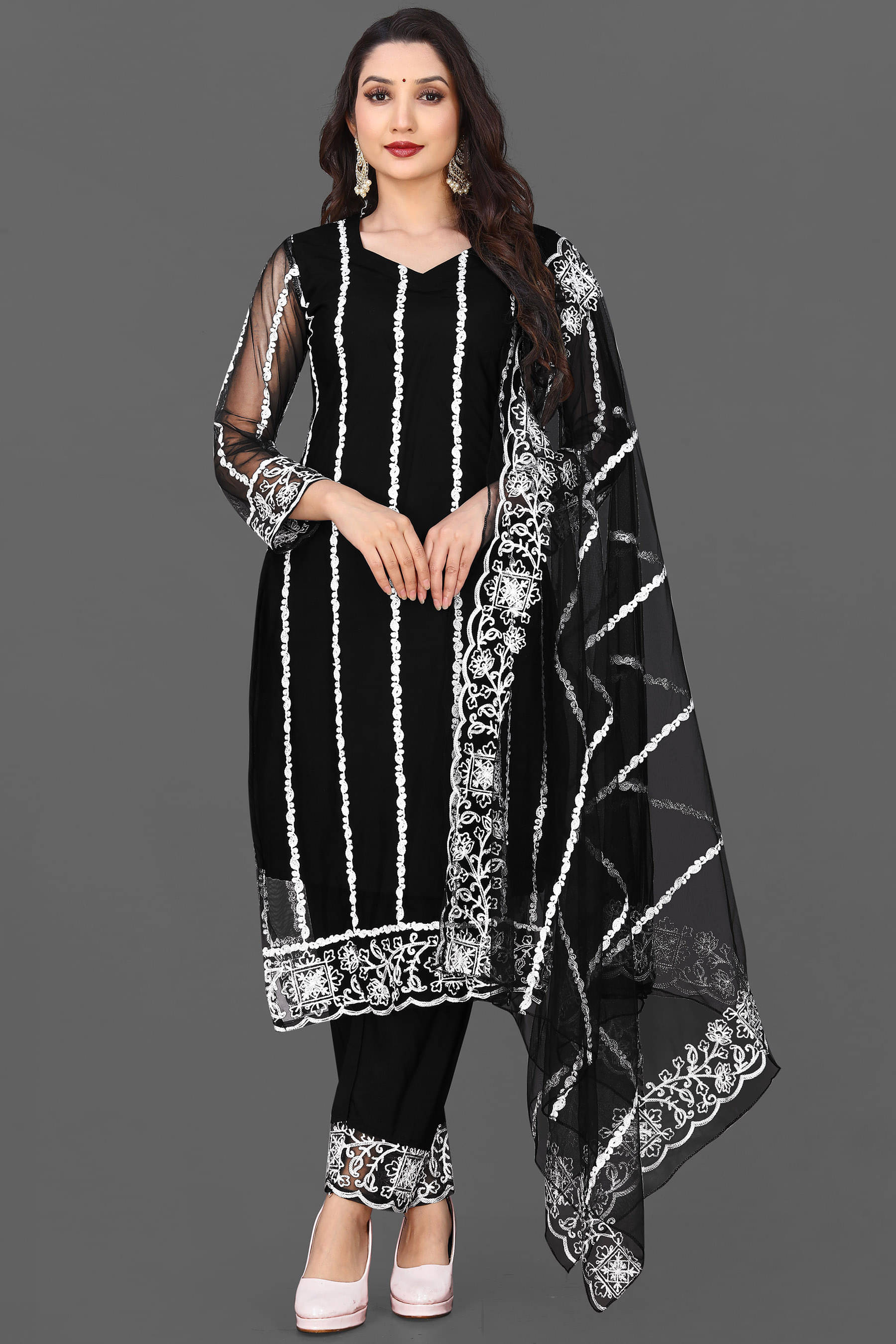 VARNI VESH Net Embroidered Kurti With Pants Women's Stitched Salwar Suit - Black ( Pack of 1 ) VARNI VESH Net Embroidered Kurti With Pants Women's Stitched Salwar Suit - Black ( Pack of 1 )