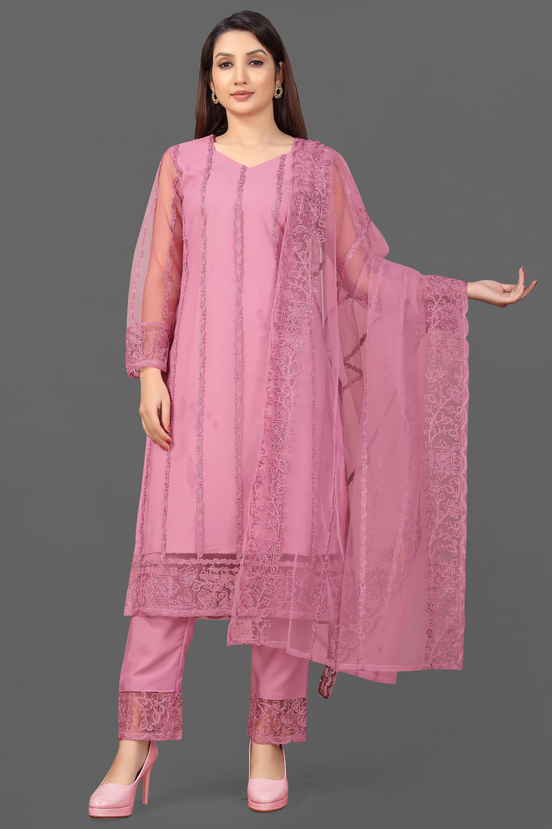 VARNI VESH Net Embroidered Kurti With Pants Women's Stitched Salwar Suit - Mauve ( Pack of 1 ) VARNI VESH Net Embroidered Kurti With Pants Women's Stitched Salwar Suit - Mauve ( Pack of 1 )