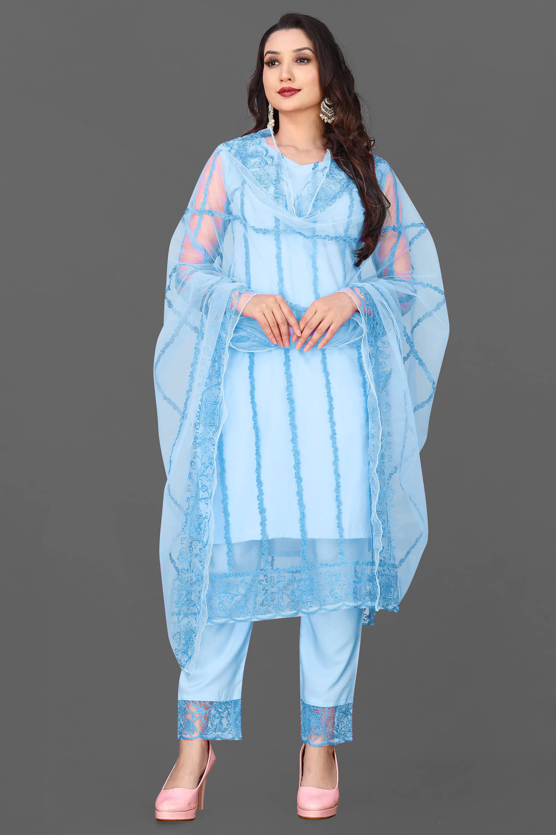     			VARNI VESH Net Embroidered Kurti With Pants Women's Stitched Salwar Suit - Light Blue ( Pack of 1 )