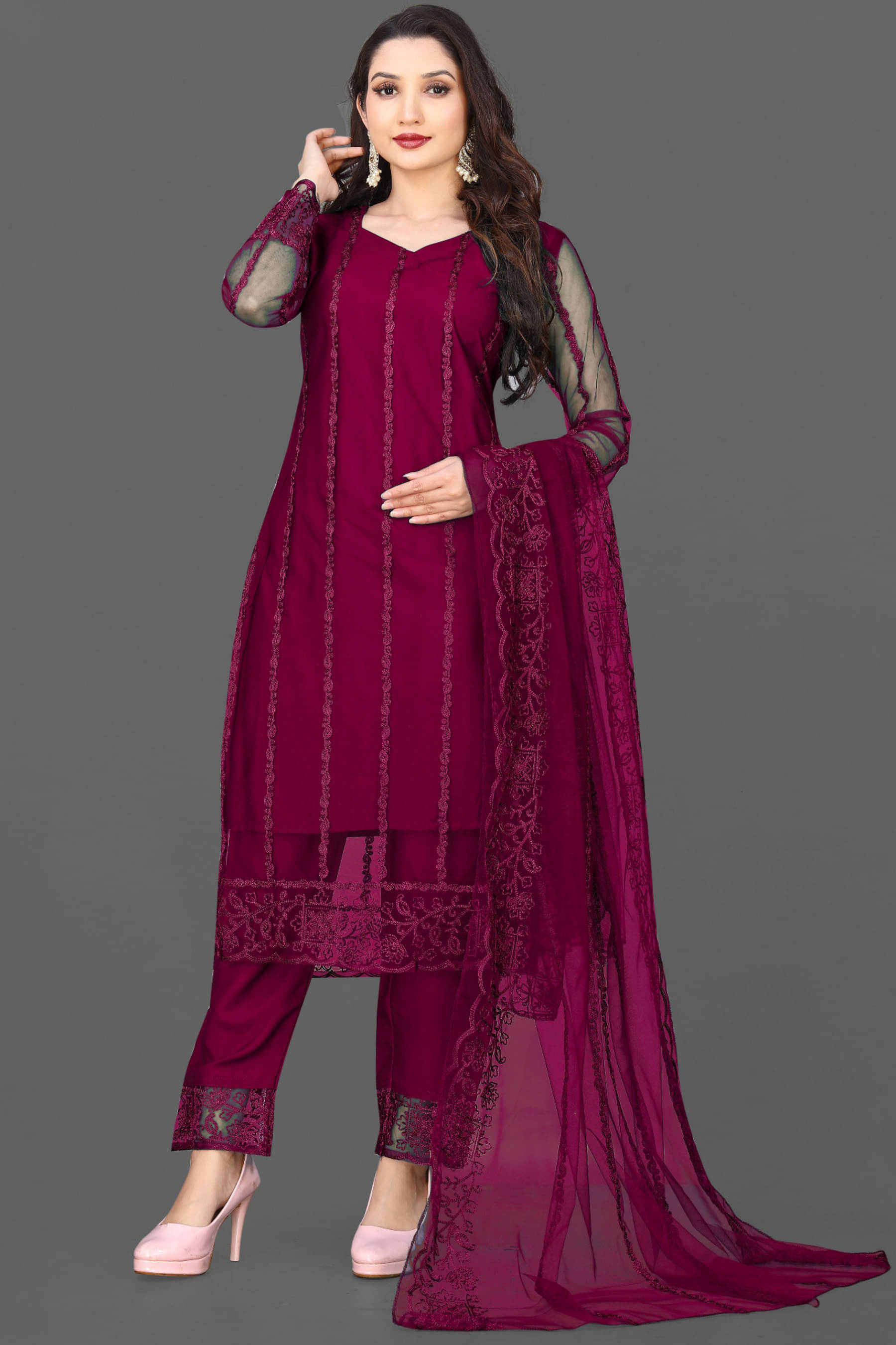 VARNI VESH Net Embroidered Kurti With Pants Women's Stitched Salwar Suit - Burgundy ( Pack of 1 ) VARNI VESH Net Embroidered Kurti With Pants Women's Stitched Salwar Suit - Burgundy ( Pack of 1 )