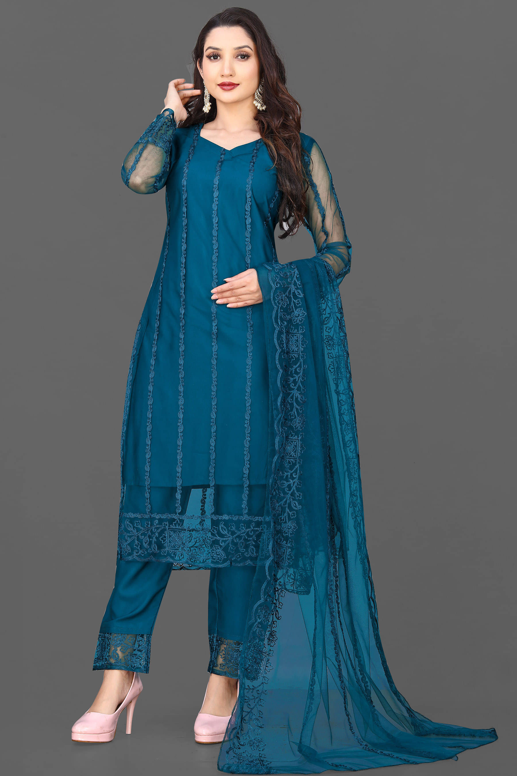 VARNI VESH Net Embroidered Kurti With Pants Women's Stitched Salwar Suit - Teal ( Pack of 1 ) VARNI VESH Net Embroidered Kurti With Pants Women's Stitched Salwar Suit - Teal ( Pack of 1 )