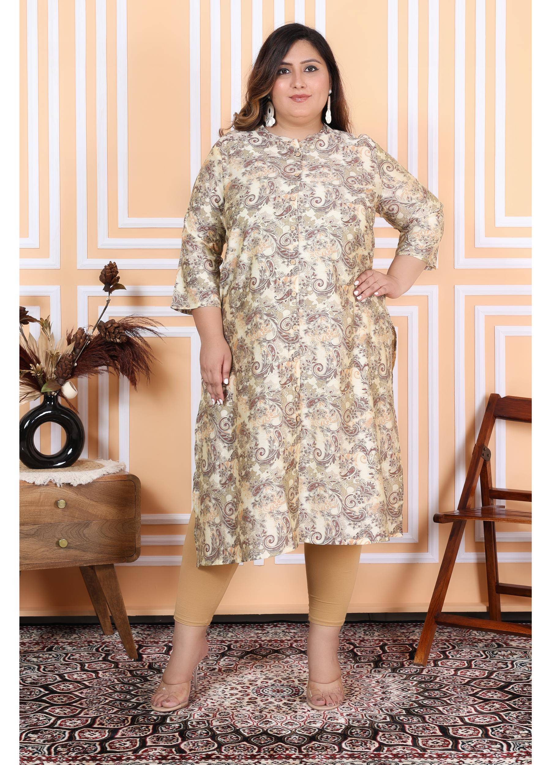 Vashineh Cotton Silk Printed Straight Women's Kurti - Beige ( Pack of 1 ) Vashineh Cotton Silk Printed Straight Women's Kurti - Beige ( Pack of 1 )