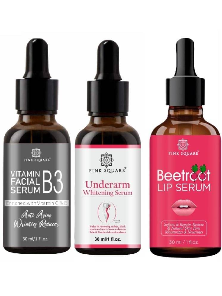 Vitamin B3 Facial Serum, Underarm Whitening Serum & Beetroot Lip Serum for Soft Lips (Each,30ml) Combo of 3     			Vitamin B3 Facial Serum, Underarm Whitening Serum & Beetroot Lip Serum for Soft Lips (Each,30ml) Combo of 3
