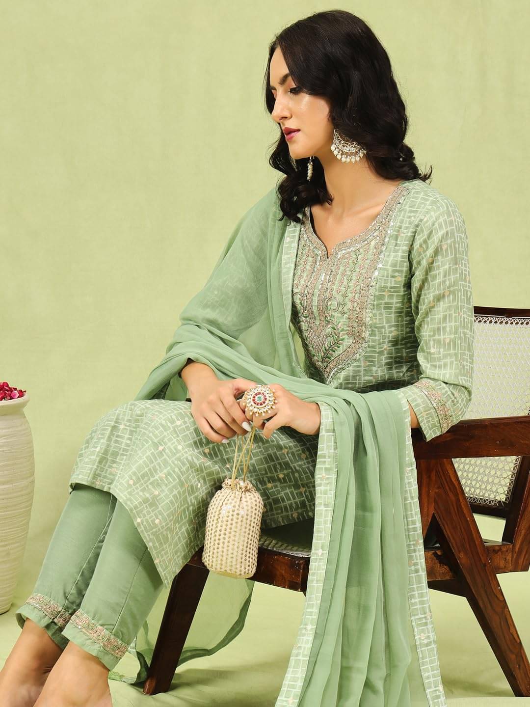 VredeVogel Chanderi Embroidered Kurti With Pants Women's Stitched Salwar Suit - Green ( Pack of 1 ) VredeVogel Chanderi Embroidered Kurti With Pants Women's Stitched Salwar Suit - Green ( Pack of 1 )