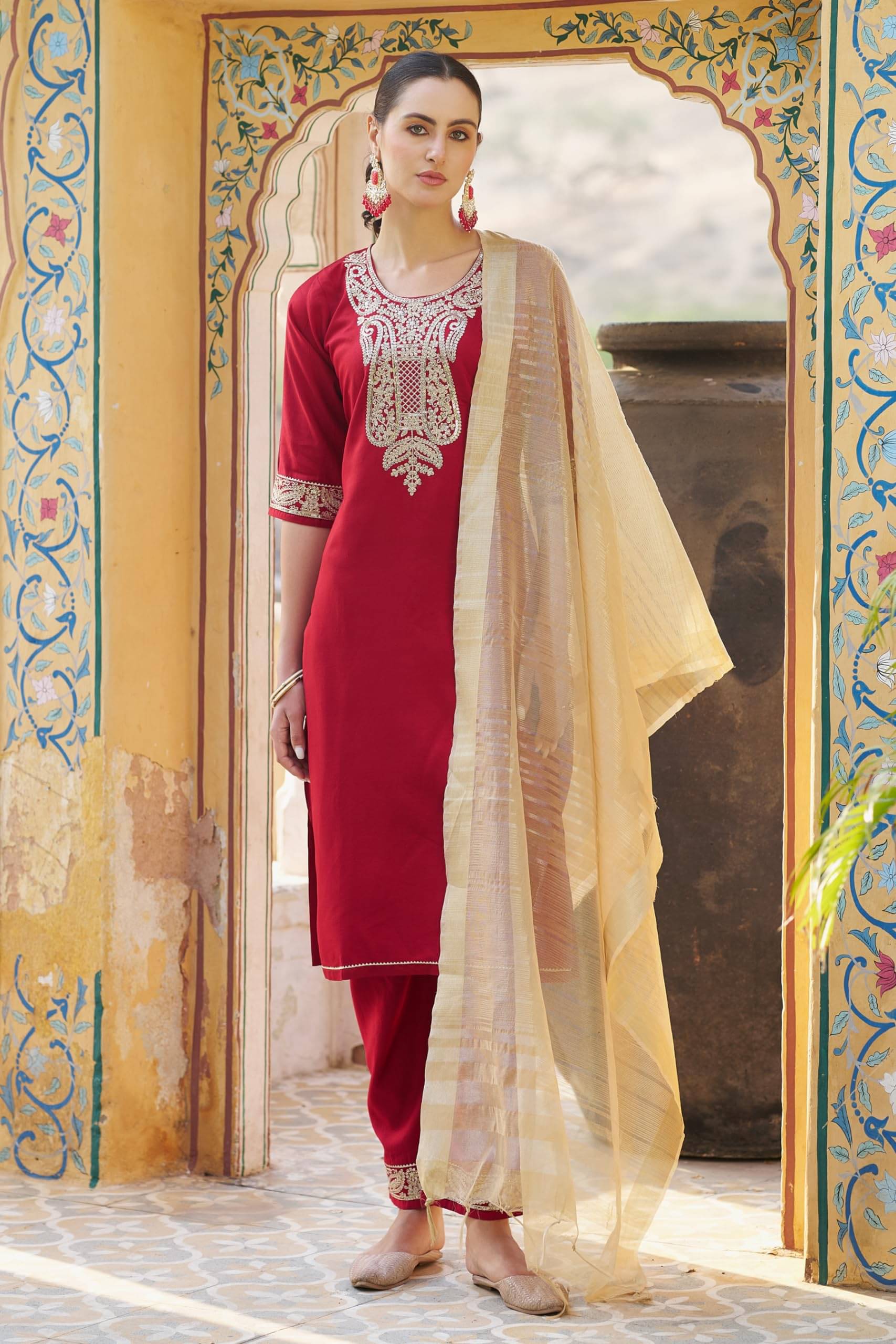     			VredeVogel Rayon Embroidered Kurti With Pants Women's Stitched Salwar Suit - Maroon ( Pack of 1 )