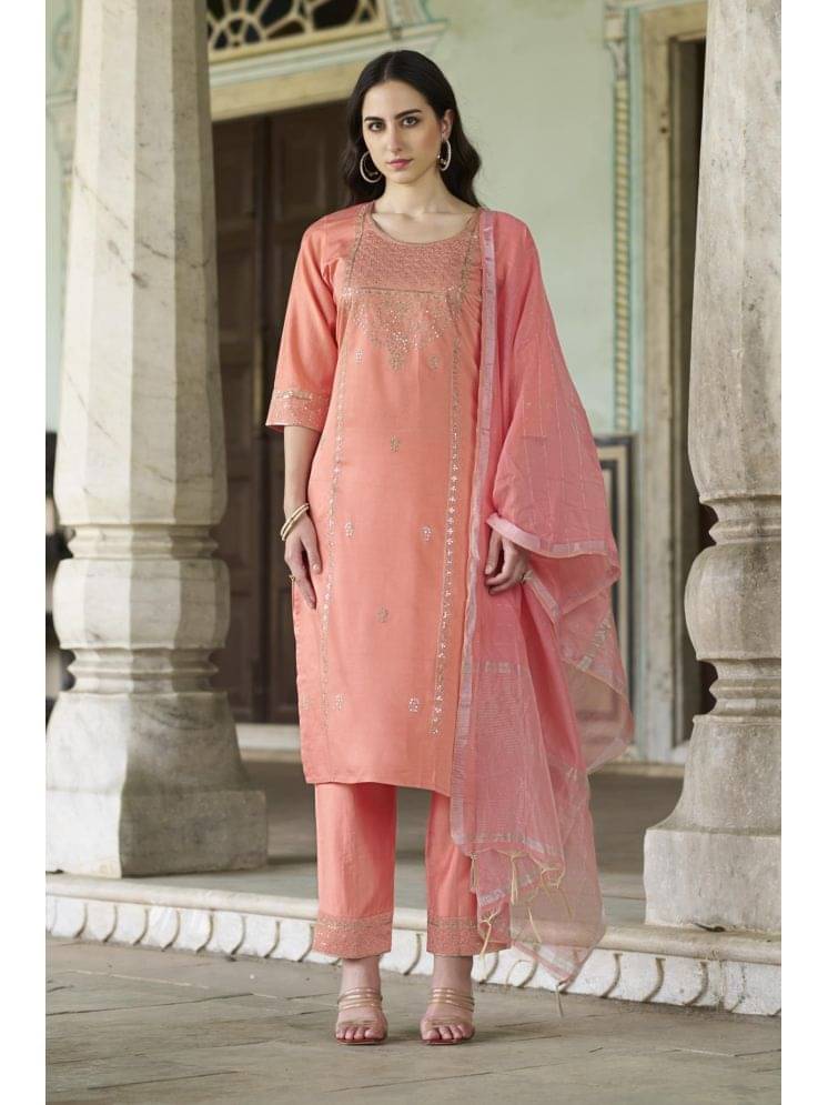 VredeVogel Rayon Embroidered Kurti With Pants Women's Stitched Salwar Suit - Peach ( Pack of 1 )     			VredeVogel Rayon Embroidered Kurti With Pants Women's Stitched Salwar Suit - Peach ( Pack of 1 )
