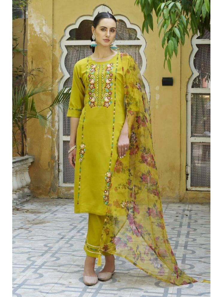 VredeVogel Rayon Embroidered Kurti With Pants Women's Stitched Salwar Suit - Yellow ( Pack of 1 )     			VredeVogel Rayon Embroidered Kurti With Pants Women's Stitched Salwar Suit - Yellow ( Pack of 1 )