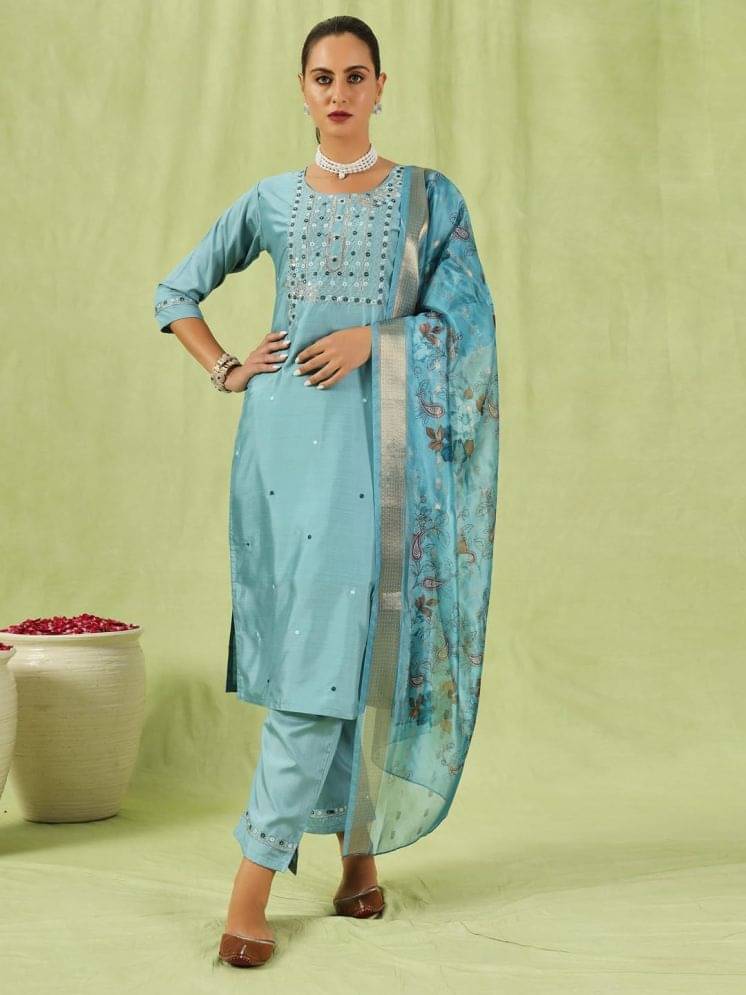 VredeVogel Silk Blend Embroidered Kurti With Pants Women's Stitched Salwar Suit - Blue ( Pack of 1 )     			VredeVogel Silk Blend Embroidered Kurti With Pants Women's Stitched Salwar Suit - Blue ( Pack of 1 )