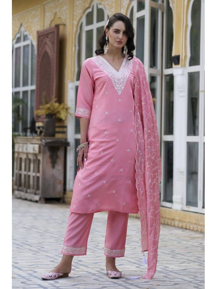 VredeVogel Silk Blend Embroidered Kurti With Pants Women's Stitched Salwar Suit - Pink ( Pack of 1 ) VredeVogel Silk Blend Embroidered Kurti With Pants Women's Stitched Salwar Suit - Pink ( Pack of 1 )