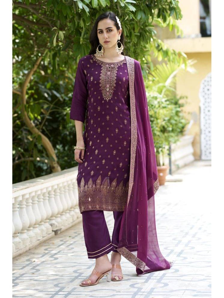     			VredeVogel Viscose Embellished Kurti With Pants Women's Stitched Salwar Suit - Purple ( Pack of 1 )