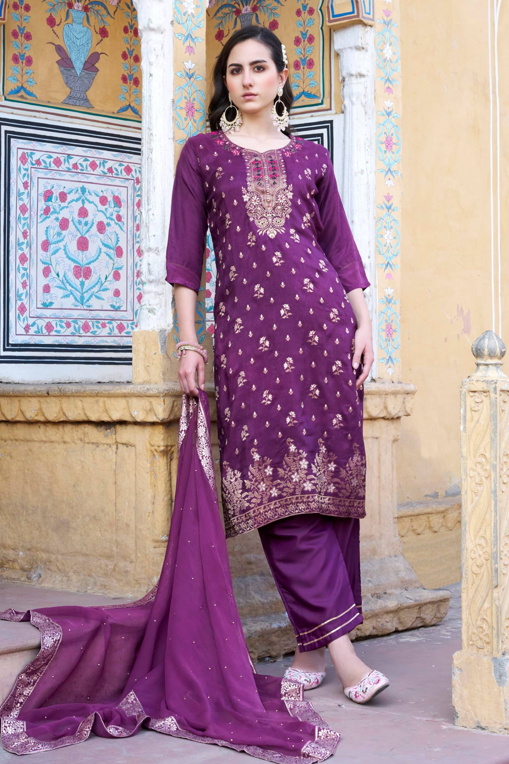     			VredeVogel Viscose Embellished Kurti With Pants Women's Stitched Salwar Suit - Purple ( Pack of 1 )