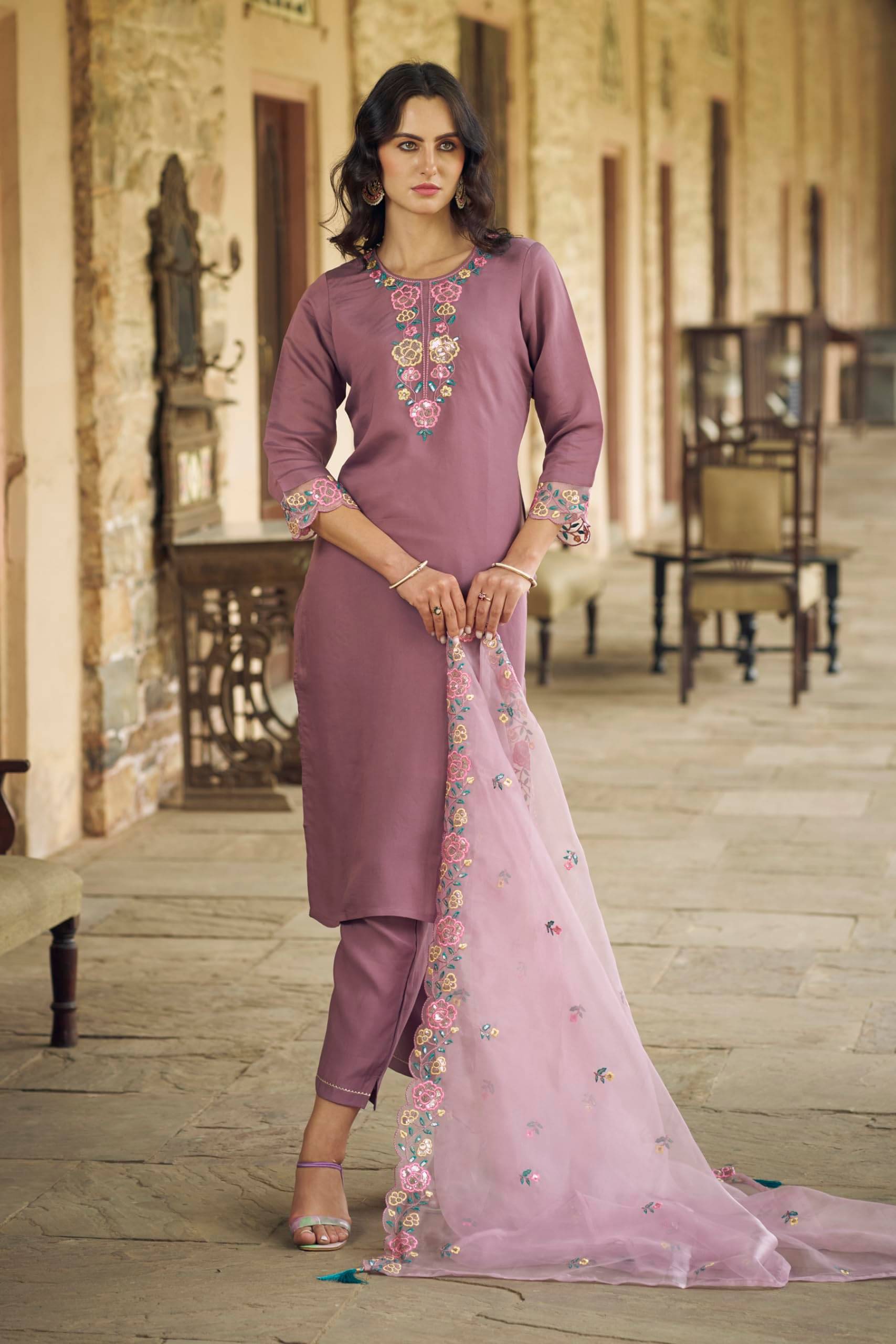 VredeVogel Viscose Embroidered Kurti With Pants Women's Stitched Salwar Suit - Purple ( Pack of 1 ) VredeVogel Viscose Embroidered Kurti With Pants Women's Stitched Salwar Suit - Purple ( Pack of 1 )