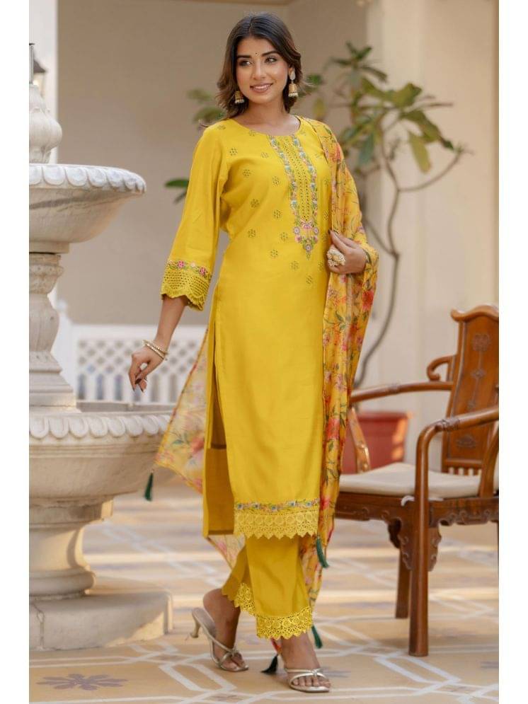 VredeVogel Viscose Embroidered Kurti With Pants Women's Stitched Salwar Suit - Yellow ( Pack of 1 ) VredeVogel Viscose Embroidered Kurti With Pants Women's Stitched Salwar Suit - Yellow ( Pack of 1 )
