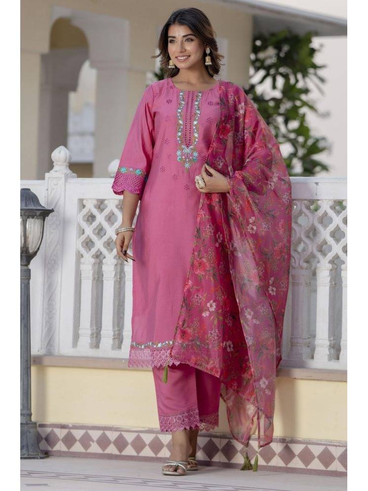 VredeVogel Viscose Embroidered Kurti With Pants Women's Stitched Salwar Suit - Pink ( Pack of 1 ) VredeVogel Viscose Embroidered Kurti With Pants Women's Stitched Salwar Suit - Pink ( Pack of 1 )