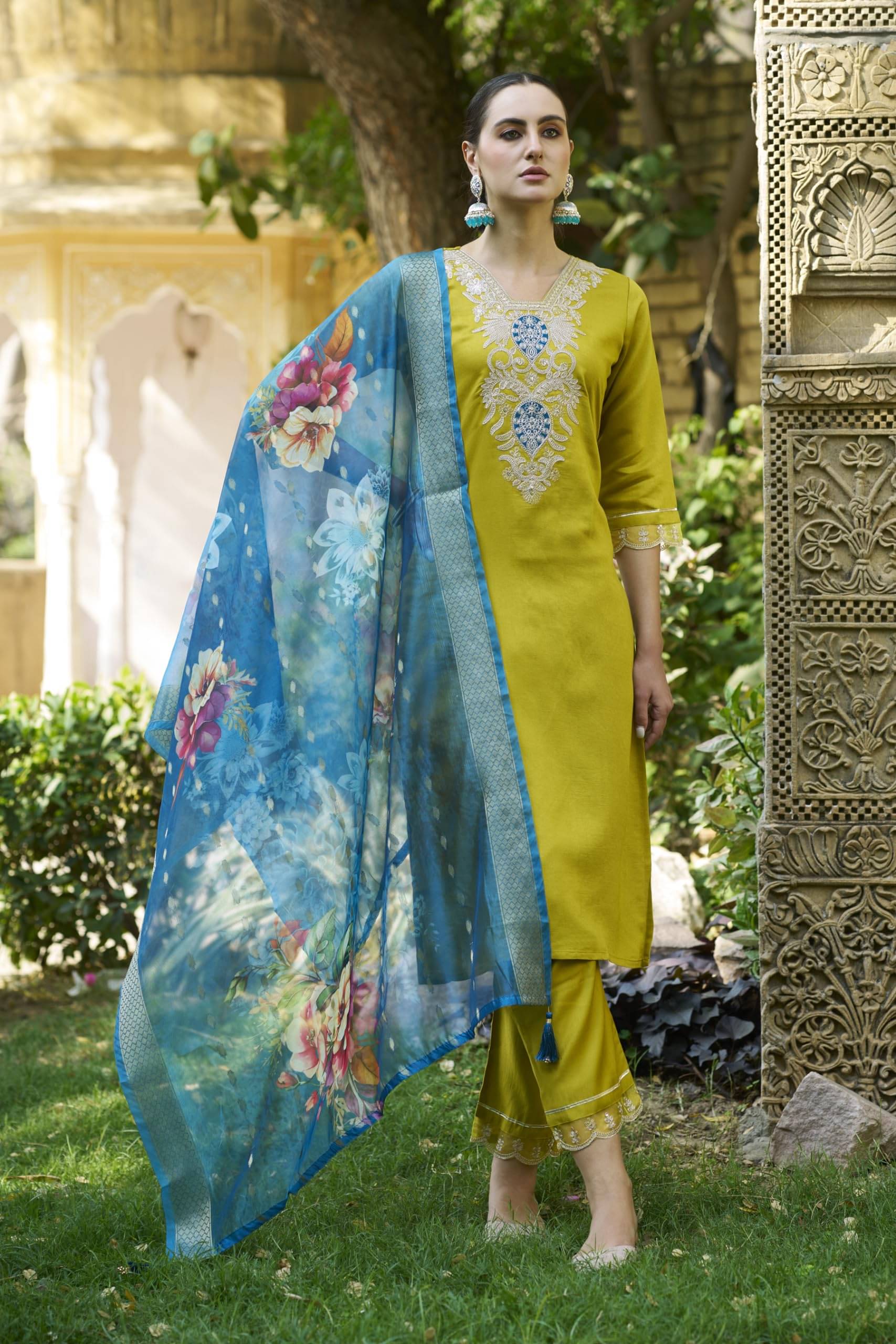     			VredeVogel Viscose Embroidered Kurti With Pants Women's Stitched Salwar Suit - Yellow ( Pack of 1 )