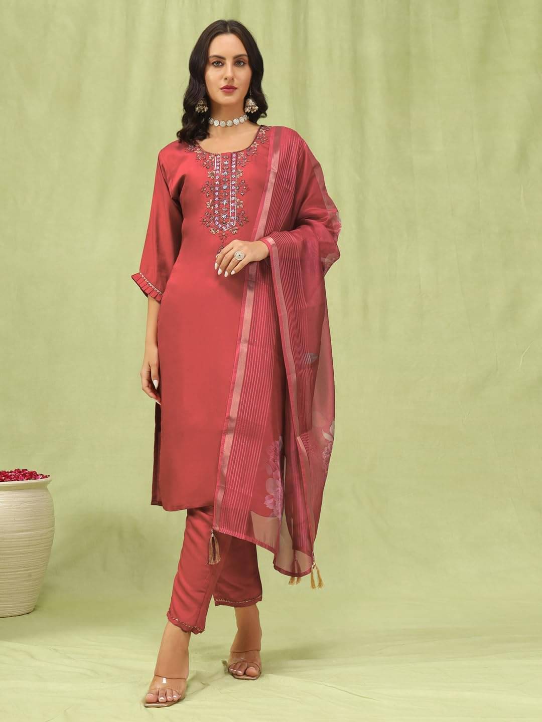     			VredeVogel Viscose Embroidered Kurti With Pants Women's Stitched Salwar Suit - Peach ( Pack of 1 )