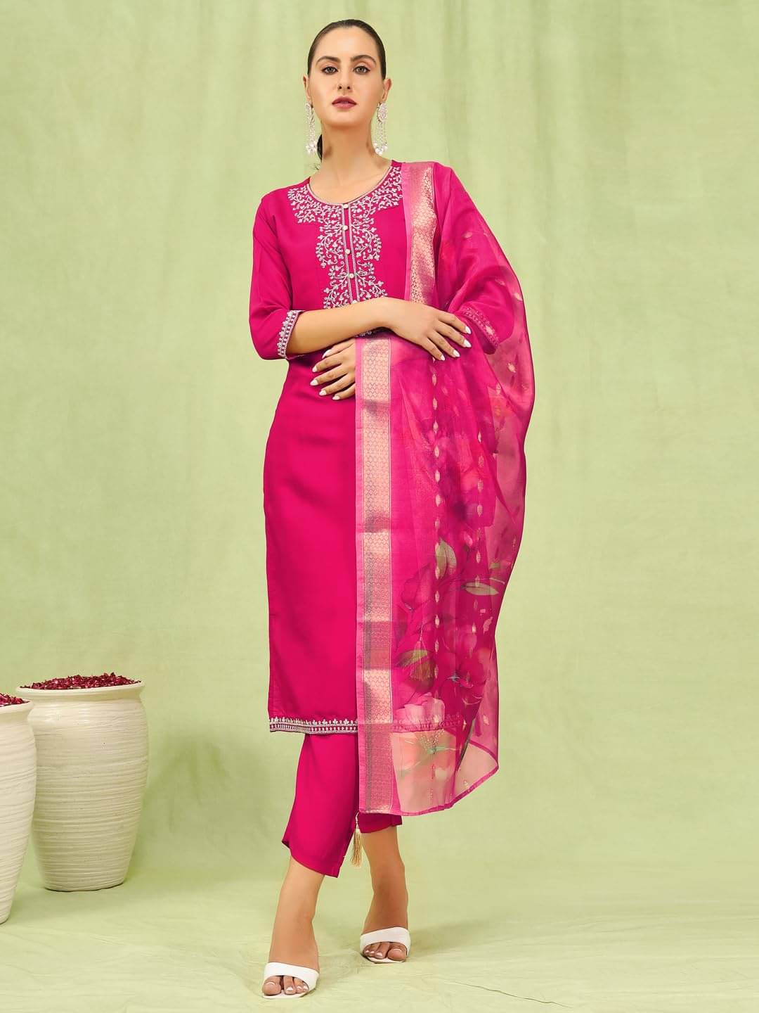 VredeVogel Viscose Embroidered Kurti With Pants Women's Stitched Salwar Suit - Pink ( Pack of 1 )     			VredeVogel Viscose Embroidered Kurti With Pants Women's Stitched Salwar Suit - Pink ( Pack of 1 )