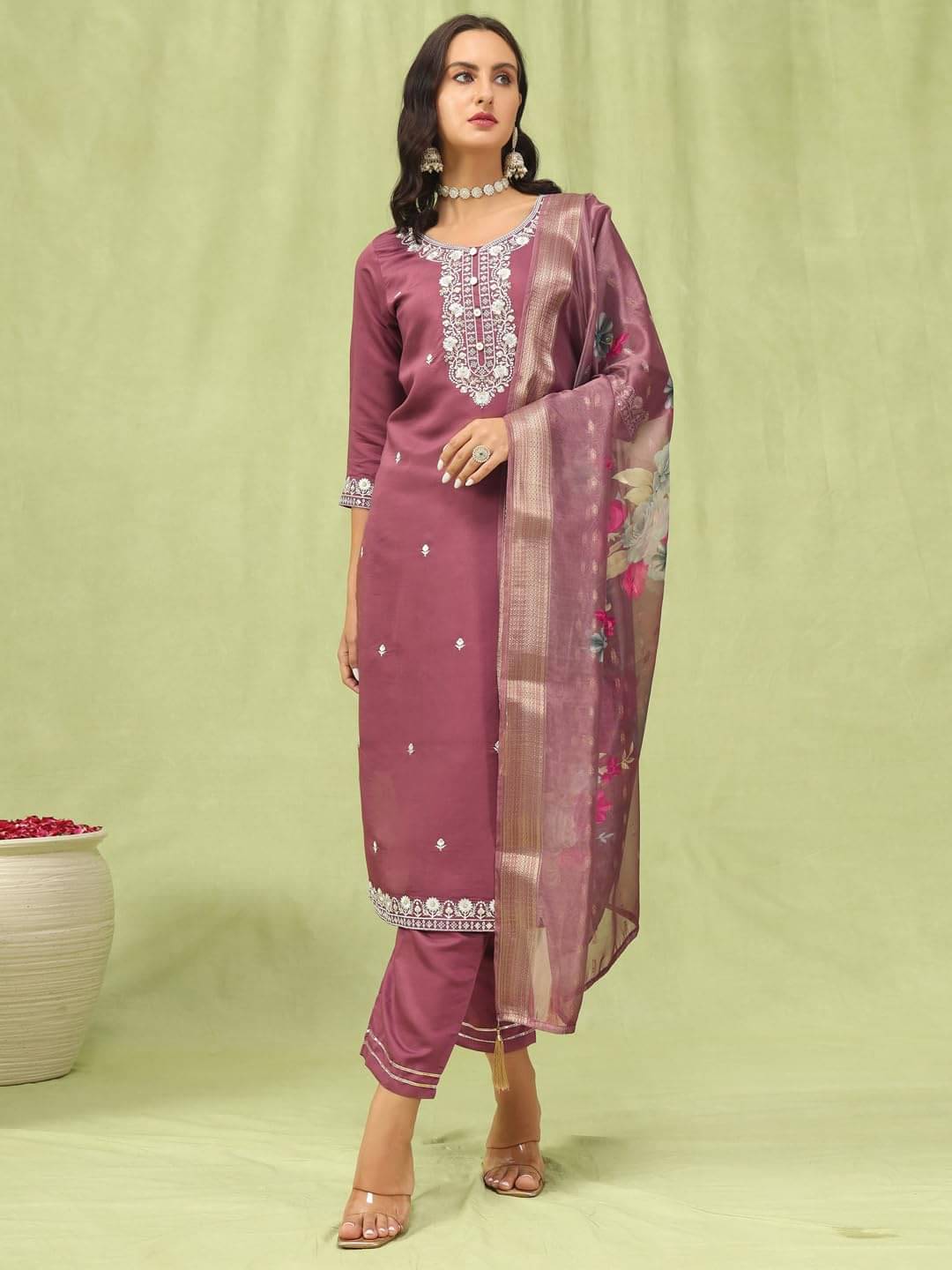 VredeVogel Viscose Embroidered Kurti With Pants Women's Stitched Salwar Suit - Purple ( Pack of 1 )     			VredeVogel Viscose Embroidered Kurti With Pants Women's Stitched Salwar Suit - Purple ( Pack of 1 )
