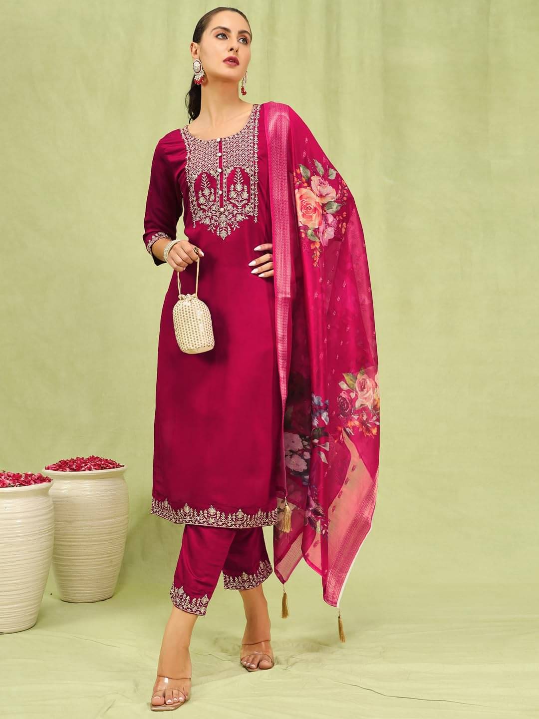     			VredeVogel Viscose Embroidered Kurti With Pants Women's Stitched Salwar Suit - Pink ( Pack of 1 )
