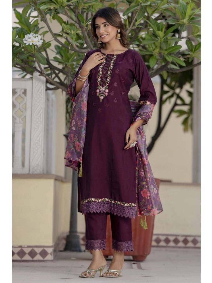VredeVogel Viscose Embroidered Kurti With Pants Women's Stitched Salwar Suit - Purple ( Pack of 1 ) VredeVogel Viscose Embroidered Kurti With Pants Women's Stitched Salwar Suit - Purple ( Pack of 1 )