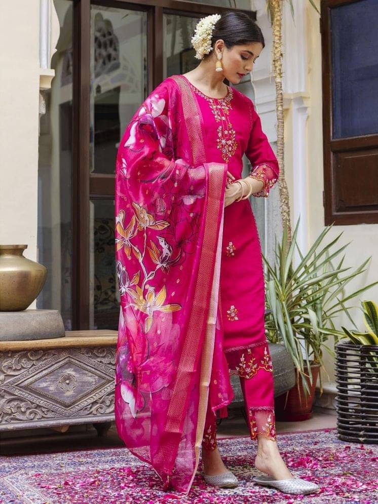 VredeVogel Viscose Embroidered Kurti With Pants Women's Stitched Salwar Suit - Pink ( Pack of 1 ) VredeVogel Viscose Embroidered Kurti With Pants Women's Stitched Salwar Suit - Pink ( Pack of 1 )