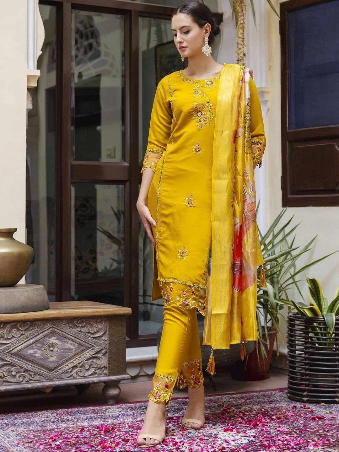 VredeVogel Viscose Embroidered Kurti With Pants Women's Stitched Salwar Suit - Mustard ( Pack of 1 ) VredeVogel Viscose Embroidered Kurti With Pants Women's Stitched Salwar Suit - Mustard ( Pack of 1 )