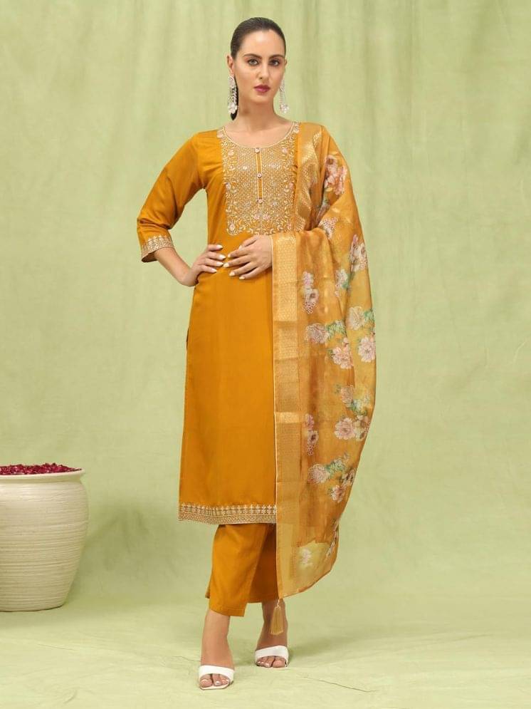 VredeVogel Viscose Embroidered Kurti With Pants Women's Stitched Salwar Suit - Mustard ( Pack of 1 ) VredeVogel Viscose Embroidered Kurti With Pants Women's Stitched Salwar Suit - Mustard ( Pack of 1 )