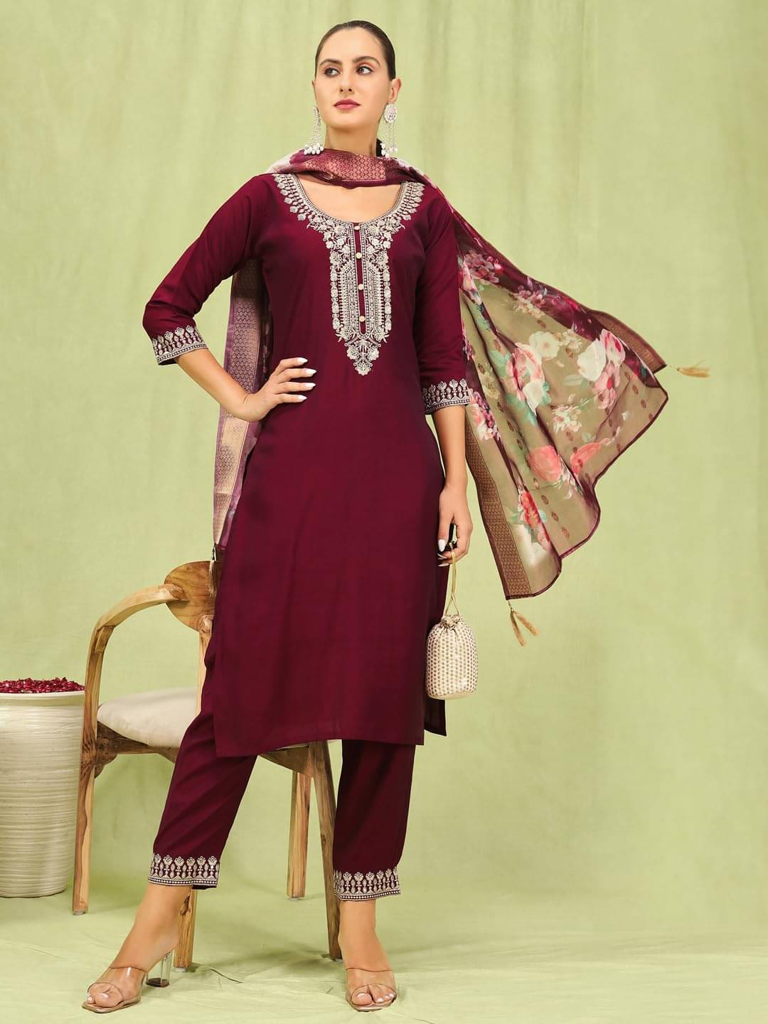 VredeVogel Viscose Embroidered Kurti With Pants Women's Stitched Salwar Suit - Maroon ( Pack of 1 ) VredeVogel Viscose Embroidered Kurti With Pants Women's Stitched Salwar Suit - Maroon ( Pack of 1 )