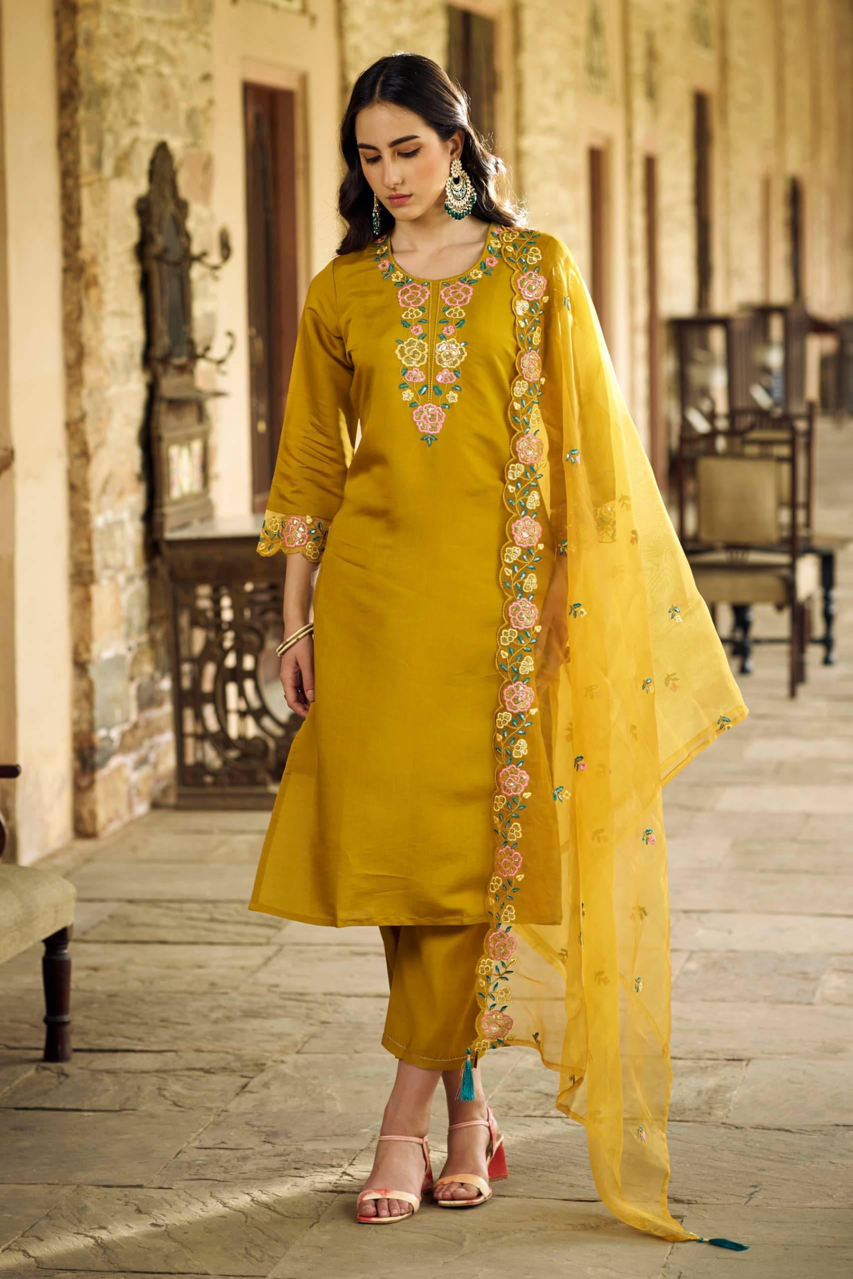     			VredeVogel Viscose Embroidered Kurti With Pants Women's Stitched Salwar Suit - Mustard ( Pack of 1 )