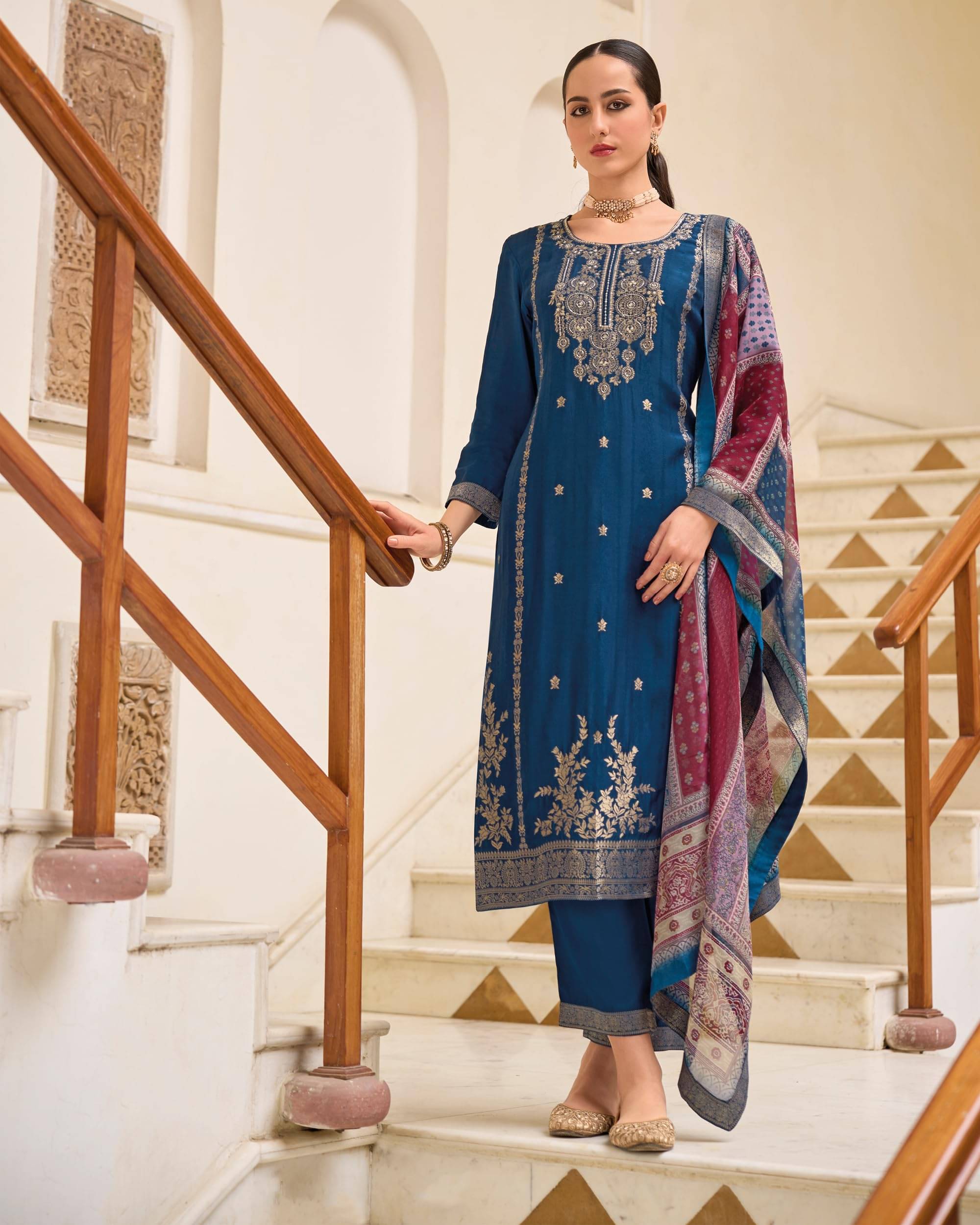 VredeVogel Viscose Embroidered Kurti With Pants Women's Stitched Salwar Suit - Blue ( Pack of 1 ) VredeVogel Viscose Embroidered Kurti With Pants Women's Stitched Salwar Suit - Blue ( Pack of 1 )