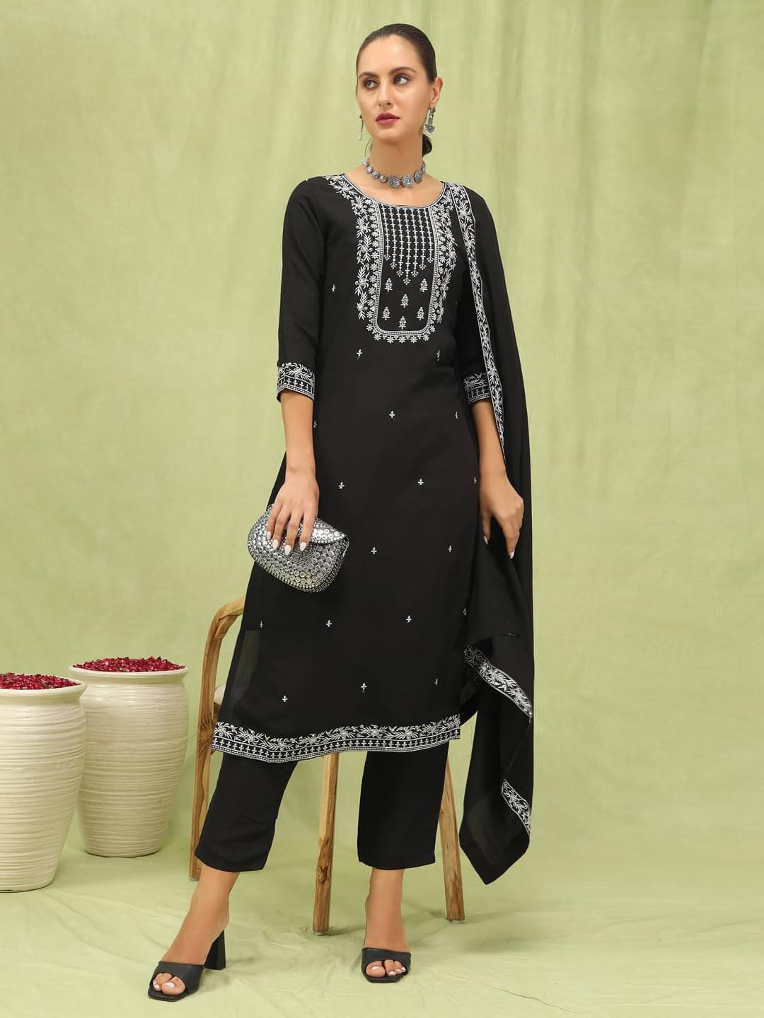     			VredeVogel Viscose Embroidered Kurti With Pants Women's Stitched Salwar Suit - Black ( Pack of 1 )