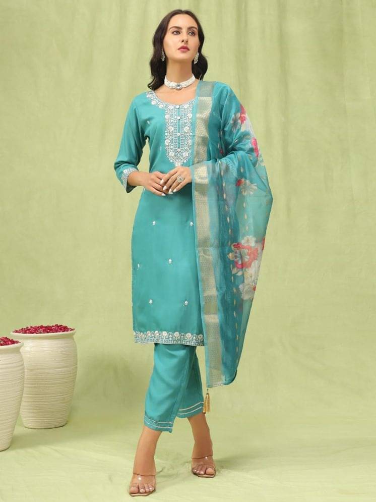 VredeVogel Viscose Embroidered Kurti With Pants Women's Stitched Salwar Suit - Teal ( Pack of 1 ) VredeVogel Viscose Embroidered Kurti With Pants Women's Stitched Salwar Suit - Teal ( Pack of 1 )