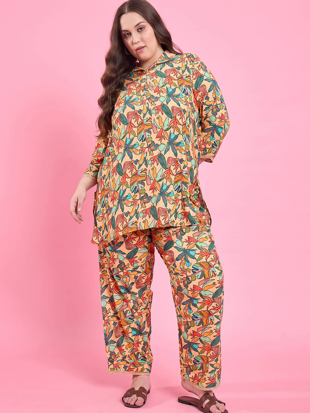 AUSTIVO Women Printed Kurta With Trousers Co-Ord Set ( Beige )