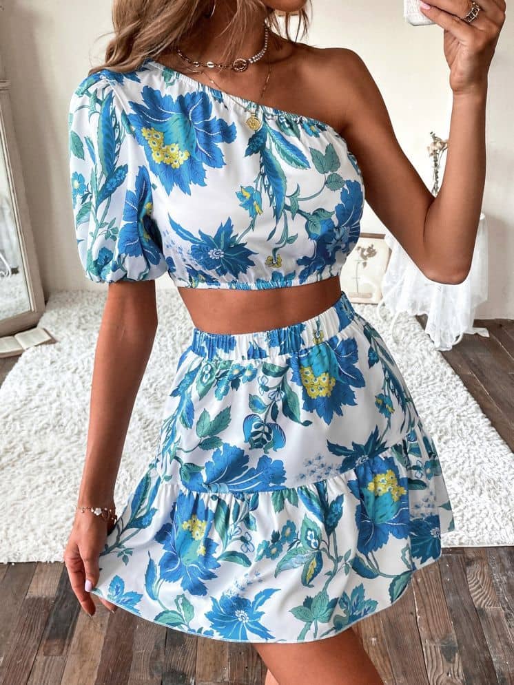 COOL AND CASUAL Women Printed Top With Skirt Co-Ord Set ( Blue )